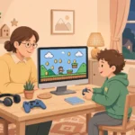 Children gaming safely at home with a parent nearby