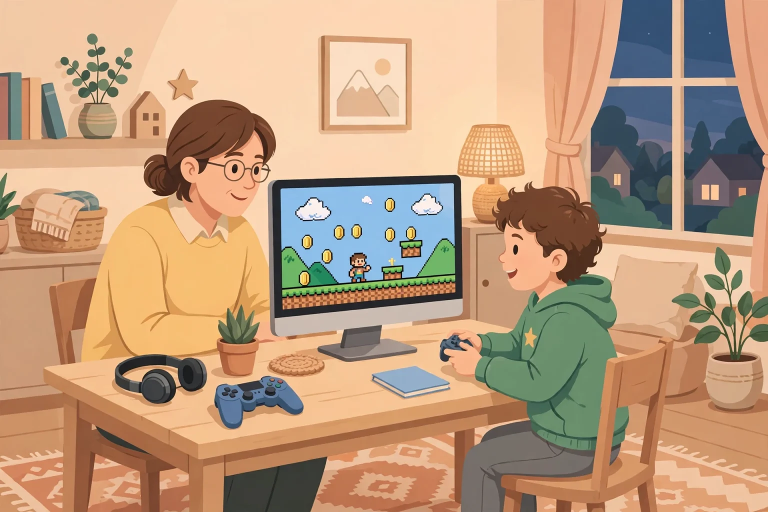 Children gaming safely at home with a parent nearby
