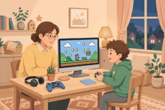 Children gaming safely at home with a parent nearby