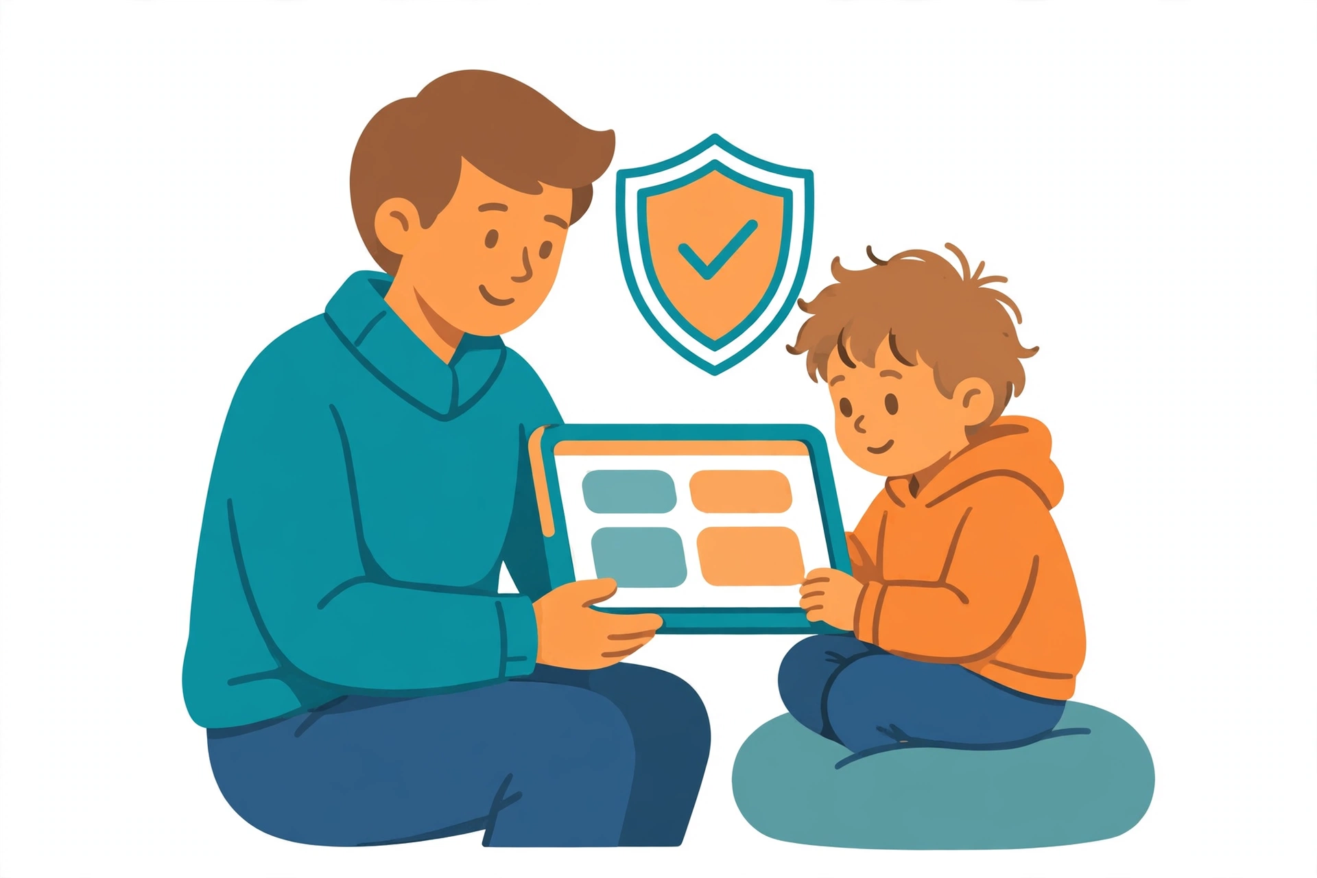 Parent and child using a tablet together under a protective shield