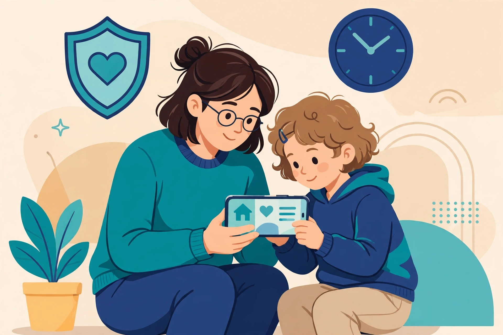 Illustration of a parent and child using a parental control app as an alternative to a keylogger