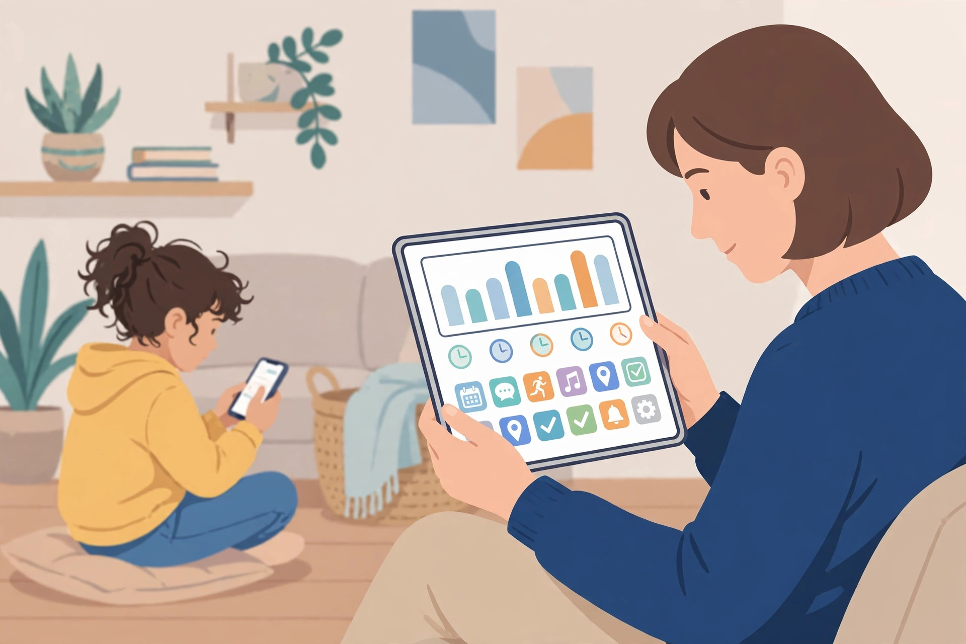 Illustration of a parent reading a Qustodio style activity report on a tablet