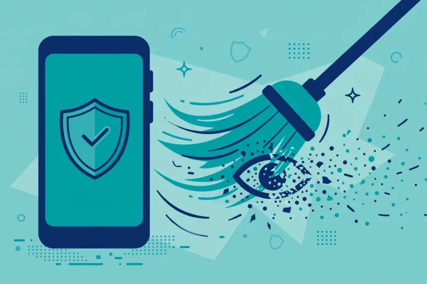 Phone showing stalkerware removal steps and a safety warning on screen