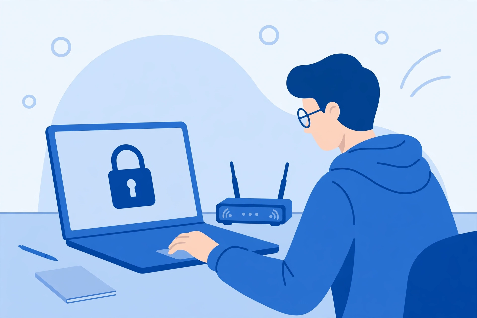 Person logging in to a router admin page on a laptop at home
