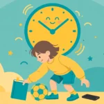 Child choosing a book and a soccer ball over a smartphone, with a clock showing balanced screen time