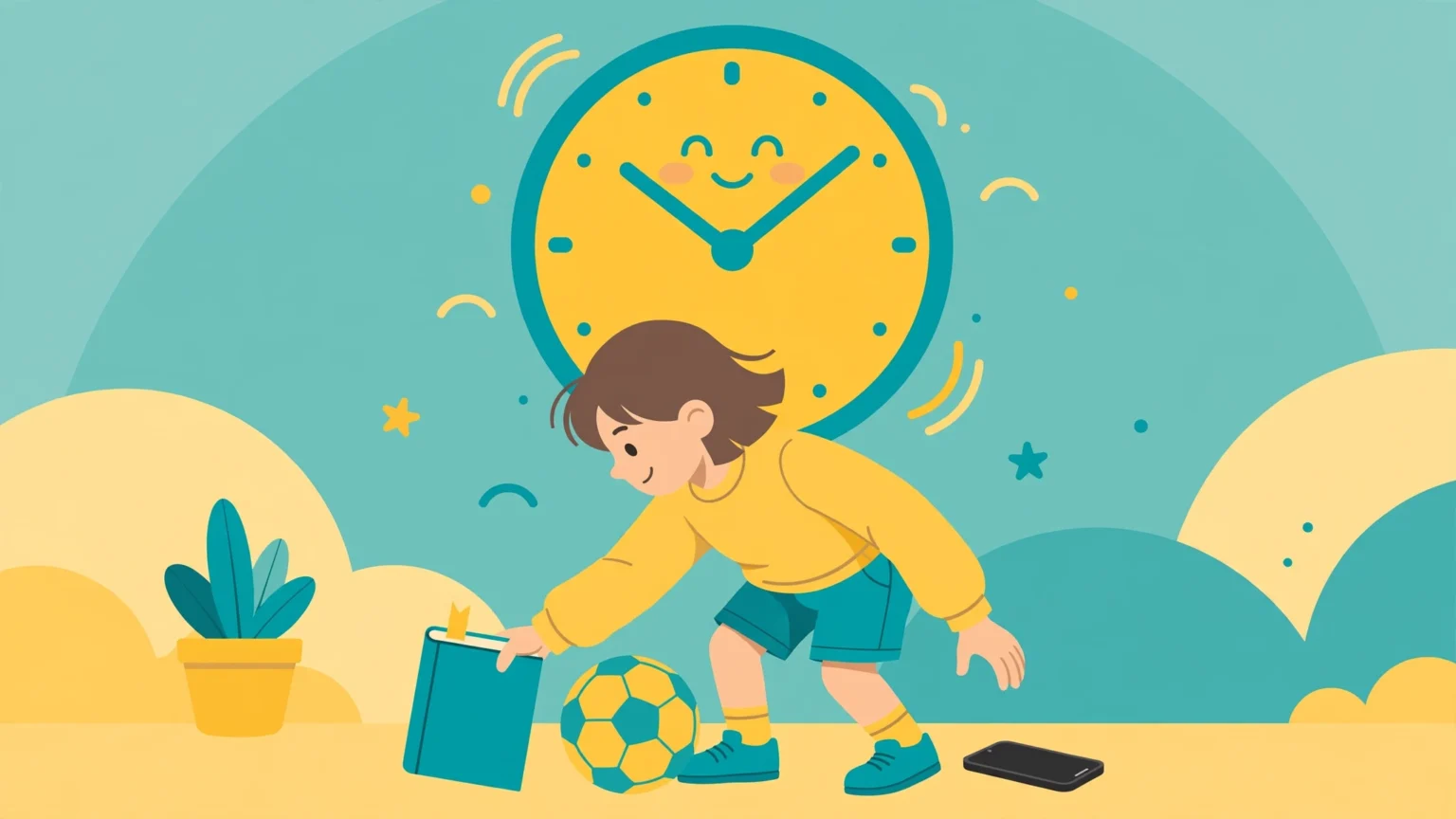 How to Limit Screen Time for Kids: Limits That Actually Work (2026) 55 Child choosing a book and a soccer ball over a smartphone, with a clock showing balanced screen time