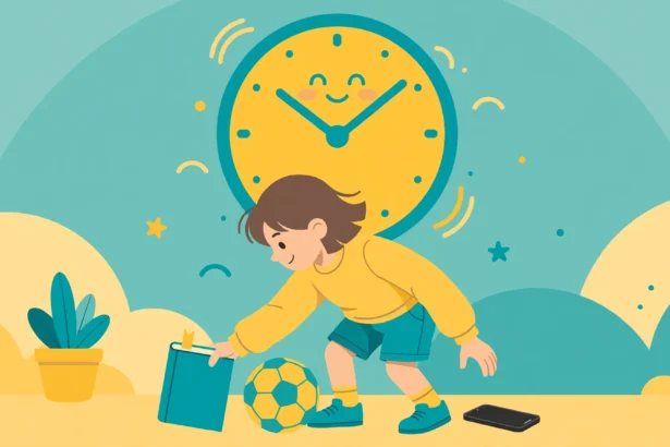 Child choosing a book and a soccer ball over a smartphone, with a clock showing balanced screen time