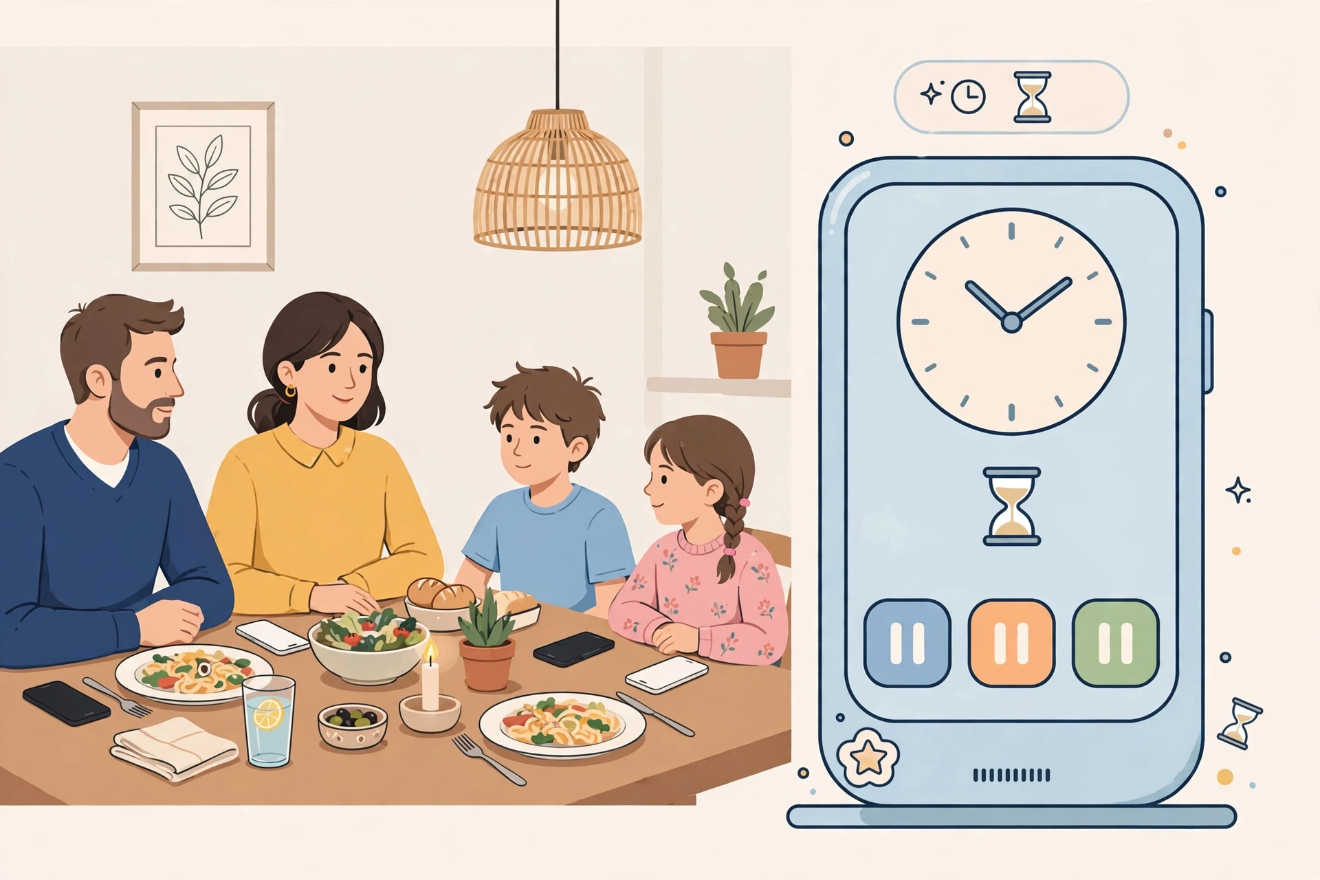 Illustration of a family using screen time limits with a large clock beside a phone