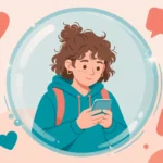 Teen holding a smartphone inside a protective shield bubble while social media icons float outside