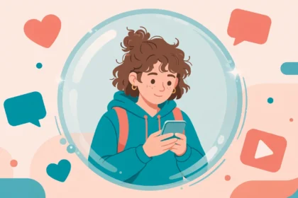 Teen holding a smartphone inside a protective shield bubble while social media icons float outside