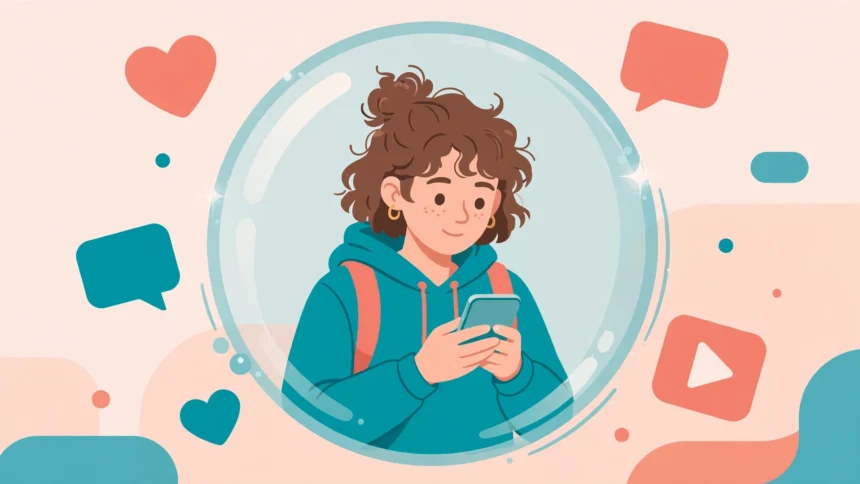 Teen holding a smartphone inside a protective shield bubble while social media icons float outside