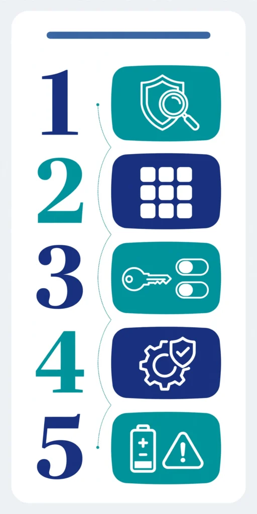 How to Detect Spyware on Android: Signs, Checks and Removal (2026) 56 Infographic of the five step Android spyware check: Play Protect scan, app list audit, permission audit, device admin check, and warning signs