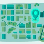 Map with a location pin and a safe route between home and school for family location sharing
