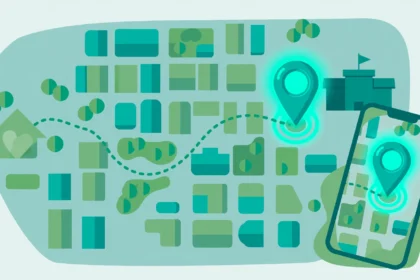 Map with a location pin and a safe route between home and school for family location sharing
