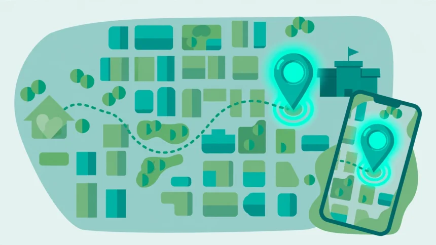 Map with a location pin and a safe route between home and school for family location sharing