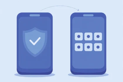 Two-factor authentication concept showing a phone and a security shield