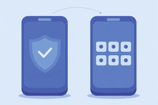 Two-factor authentication concept showing a phone and a security shield