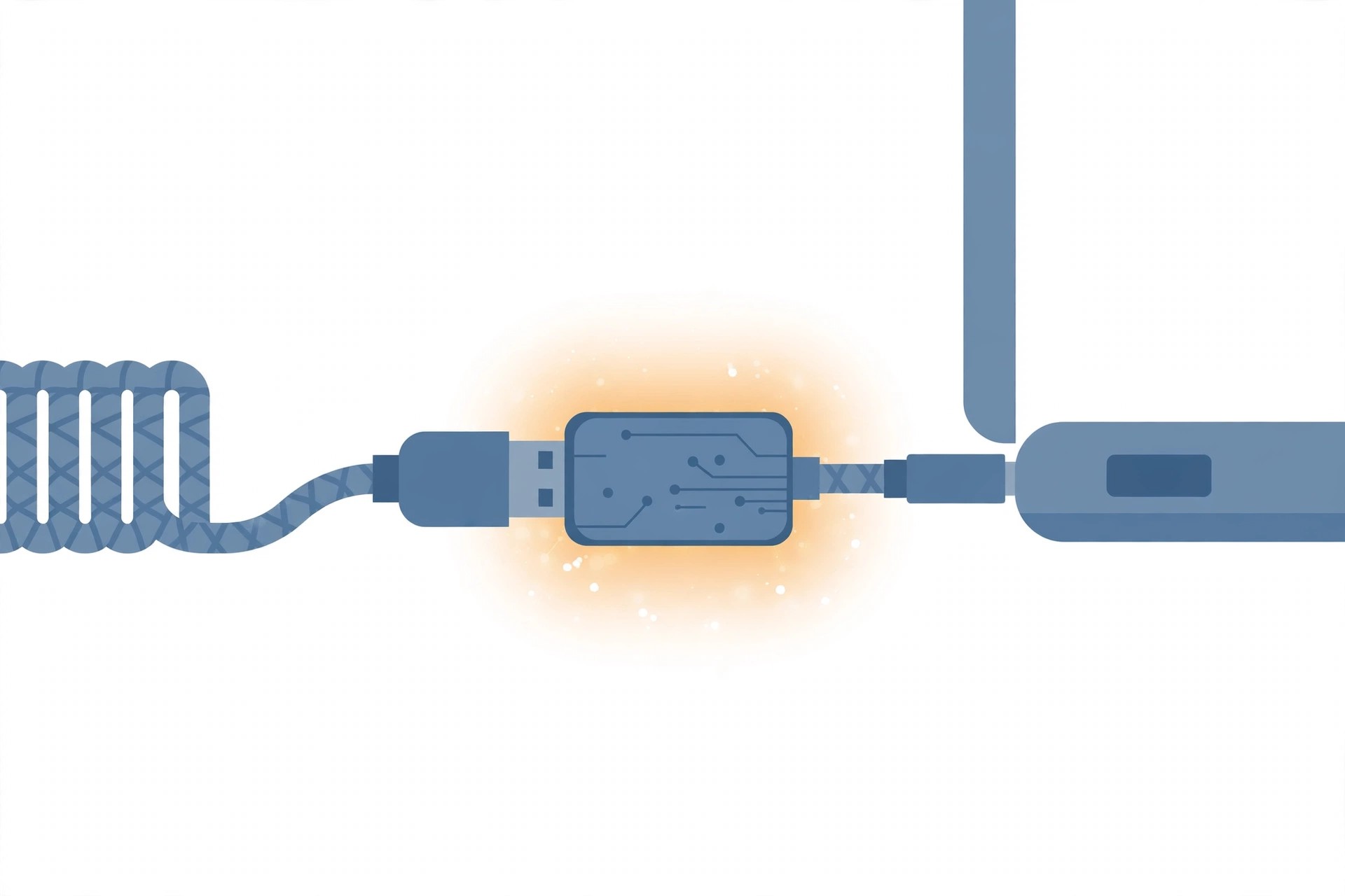 USB inline adapter sitting between a keyboard plug and a laptop port