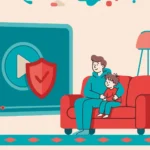Parent and child watching a video player protected by a shield for YouTube parental controls