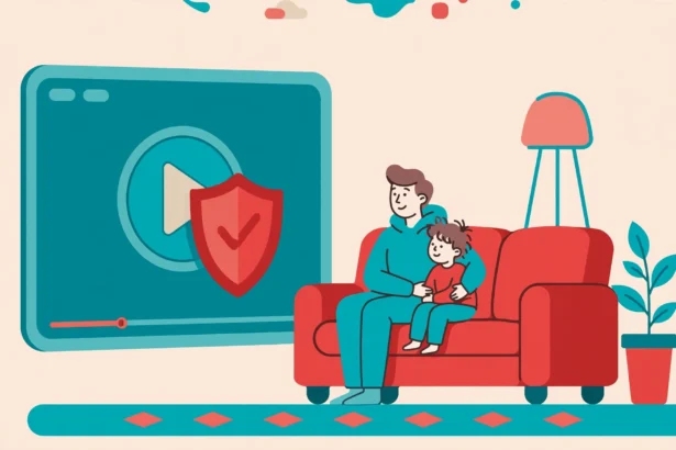 Parent and child watching a video player protected by a shield for YouTube parental controls